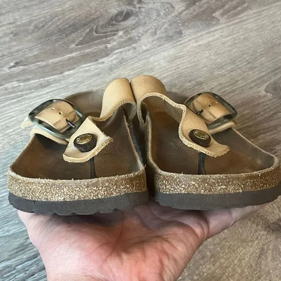 Birkenstock Gizeh Tortoise Shell Big Buckle Thong Sandals Tan Womens 7 EU 38‎