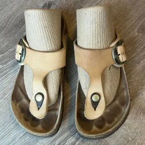 Birkenstock Gizeh Tortoise Shell Big Buckle Thong Sandals Tan Womens 7 EU 38‎