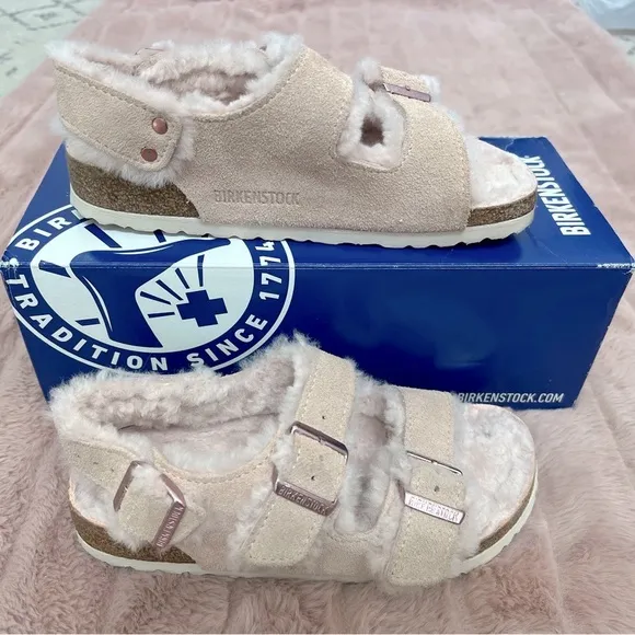 Birkenstock Milano Suede Shearling Sandals - Light Rose