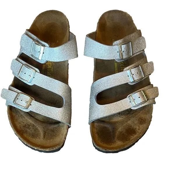 Birkenstock Papillio Sandals Silver Glitter Three Strap Slide Womens‎ 10 EU 41