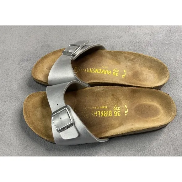 Birkenstock Sandals Womens 36 US 5.5 Madrid Silver Metalic Birko-Flor Slide