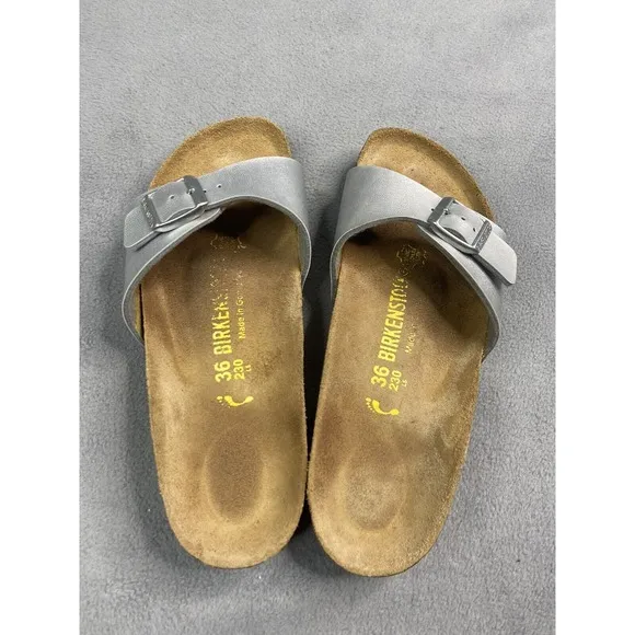 Birkenstock Sandals Womens 36 US 5.5 Madrid Silver Metalic Birko-Flor Slide