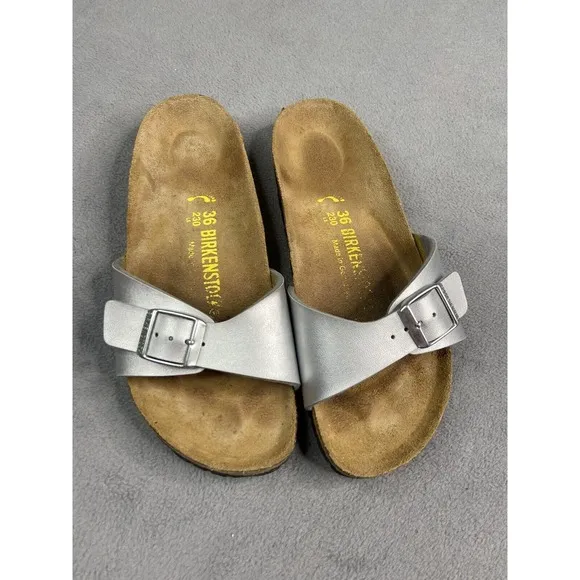 Birkenstock Sandals Womens 36 US 5.5 Madrid Silver Metalic Birko-Flor Slide