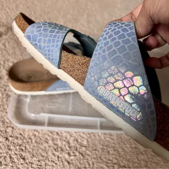 Birkenstock Vegan Arizona Iridescent Shiny Python In Blue Size 41
