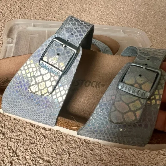 Birkenstock Vegan Arizona Iridescent Shiny Python In Blue Size 41