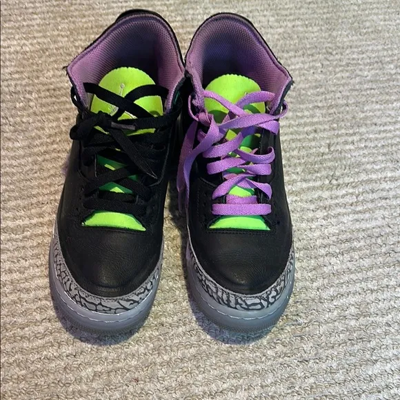 Black, Purple, and Green Jordan 3 Sneakers