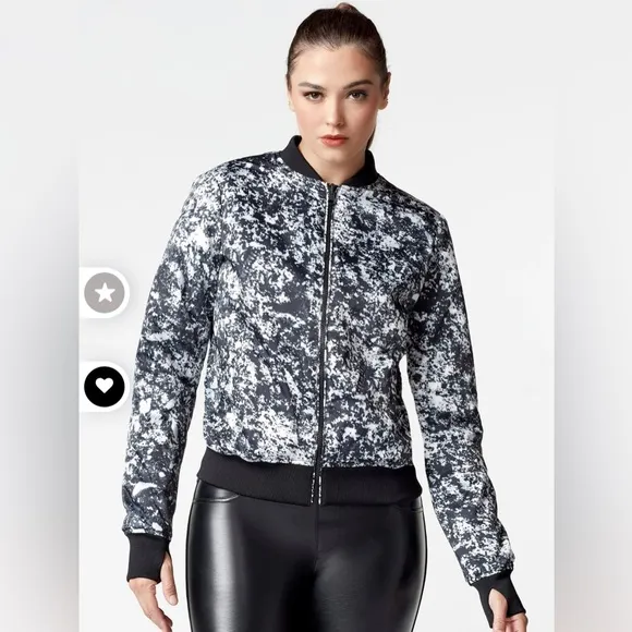 Blanc Noir Abstract Black &amp; White Print Reversible Bomber Jacket EUC Medium EUC