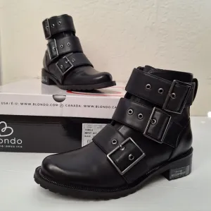 Blondo Camila combat boots waterproof leather moto biker silver buckles NIB