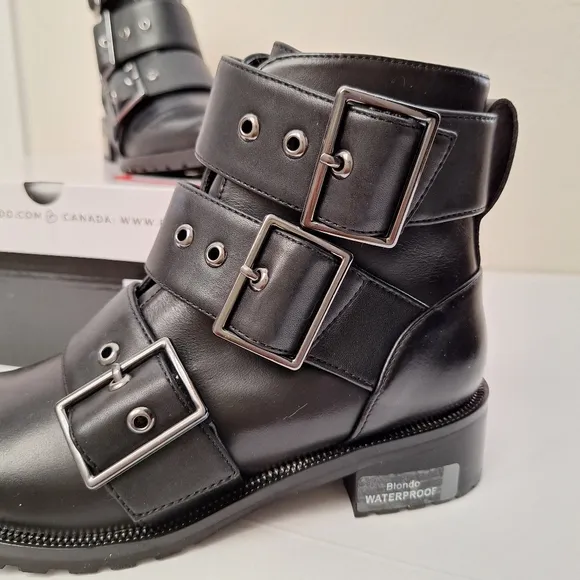 Blondo Camila combat boots waterproof leather moto biker silver buckles NIB