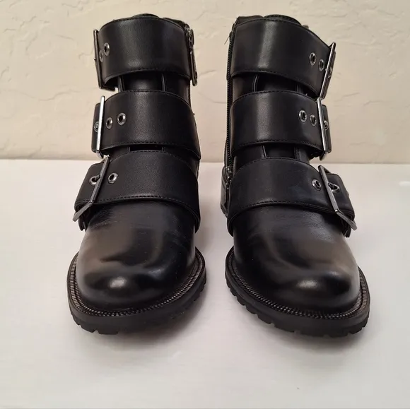 Blondo Camila combat boots waterproof leather moto biker silver buckles NIB