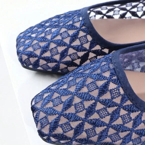 Blue Elegant Women's Woven Square Toe Slip-On Flats