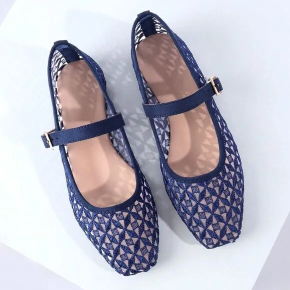 Blue Elegant Women's Woven Square Toe Slip-On Flats
