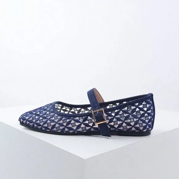 Blue Elegant Women's Woven Square Toe Slip-On Flats