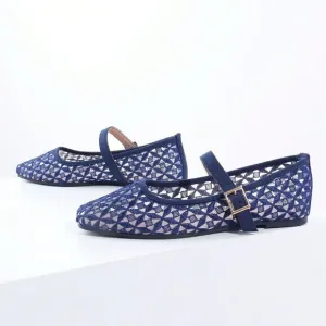 Blue Elegant Women's Woven Square Toe Slip-On Flats