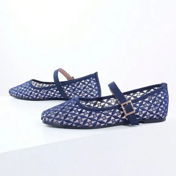 Blue Elegant Women's Woven Square Toe Slip-On Flats