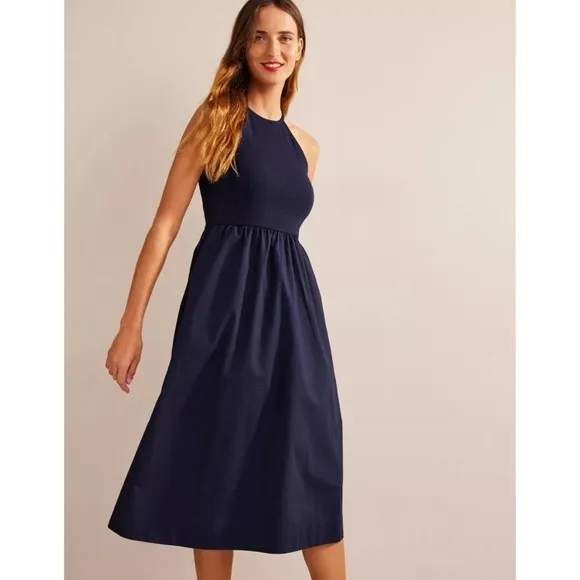 BODEN Navy Ribbed Halterneck Midi Dress Size 10