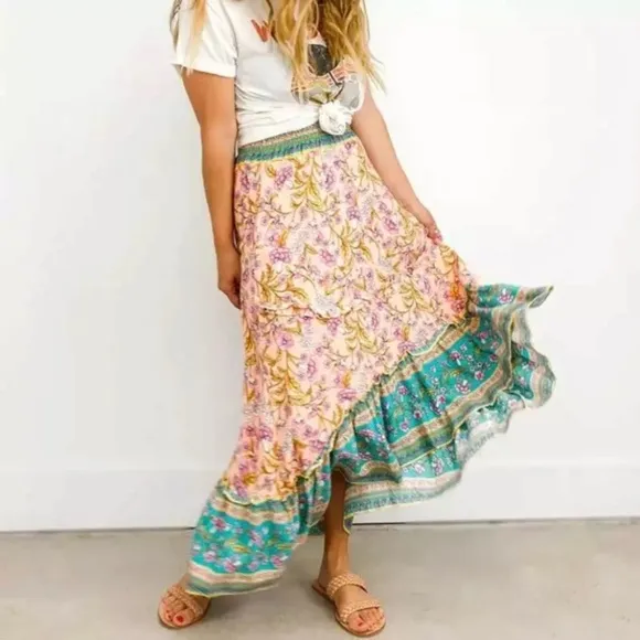 Bohemian Floral Gypsy Elastic Smocked Waist Skirt