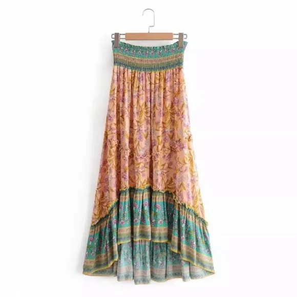 Bohemian Floral Gypsy Elastic Smocked Waist Skirt