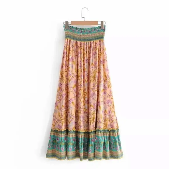 Bohemian Floral Gypsy Elastic Smocked Waist Skirt