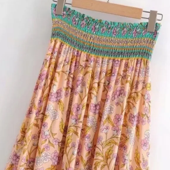 Bohemian Floral Gypsy Elastic Smocked Waist Skirt