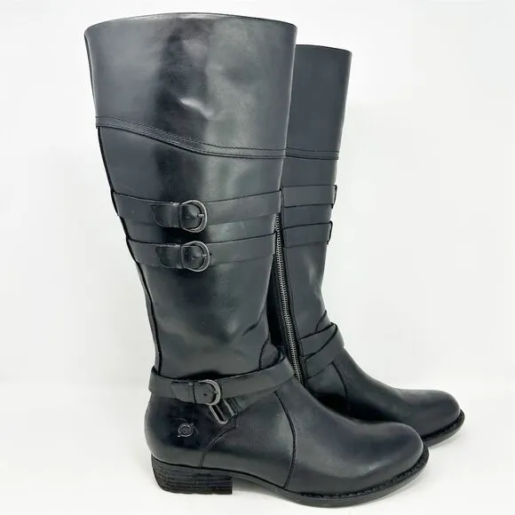 Born Black Leather Knee-High Boots Size 9.5M Double Buckle Zip Biker Moto