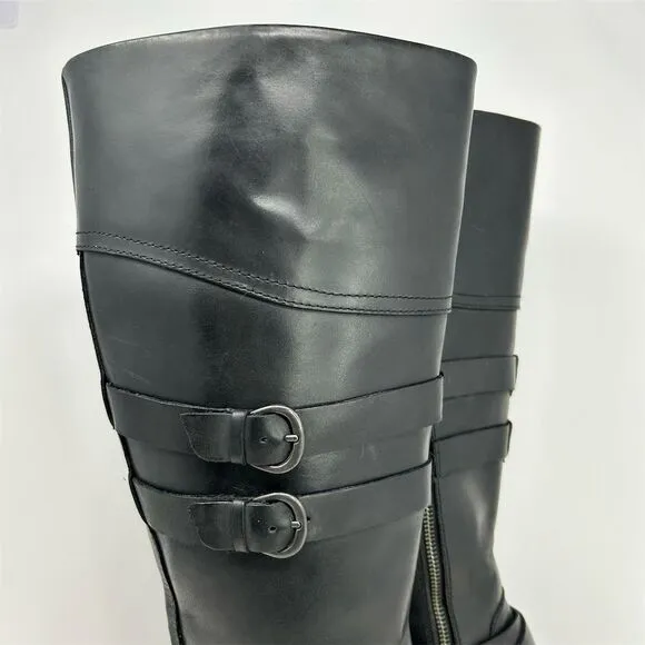Born Black Leather Knee-High Boots Size 9.5M Double Buckle Zip Biker Moto