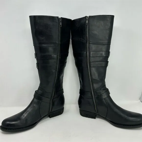 Born Black Leather Knee-High Boots Size 9.5M Double Buckle Zip Biker Moto