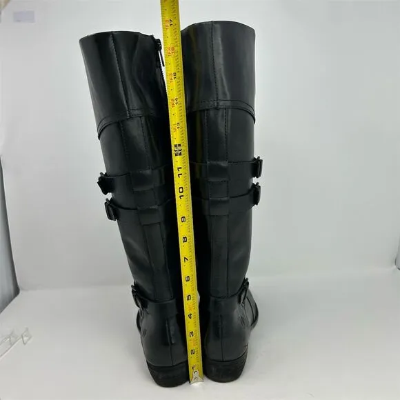 Born Black Leather Knee-High Boots Size 9.5M Double Buckle Zip Biker Moto