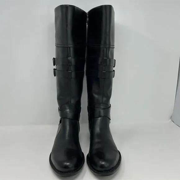 Born Black Leather Knee-High Boots Size 9.5M Double Buckle Zip Biker Moto