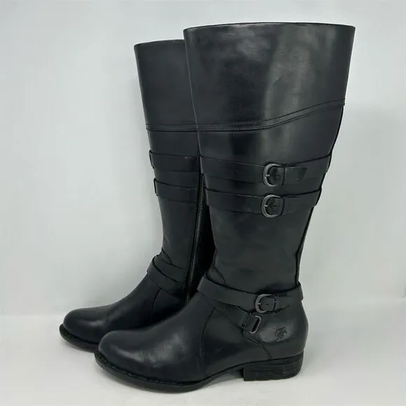 Born Black Leather Knee-High Boots Size 9.5M Double Buckle Zip Biker Moto