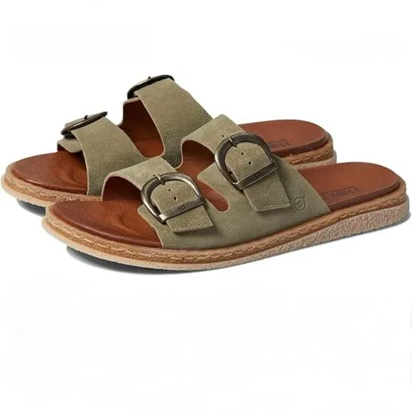Born Calysta Women’s Olive Suede Leather Buckle Strap Flat Sandals Size 8 Slides