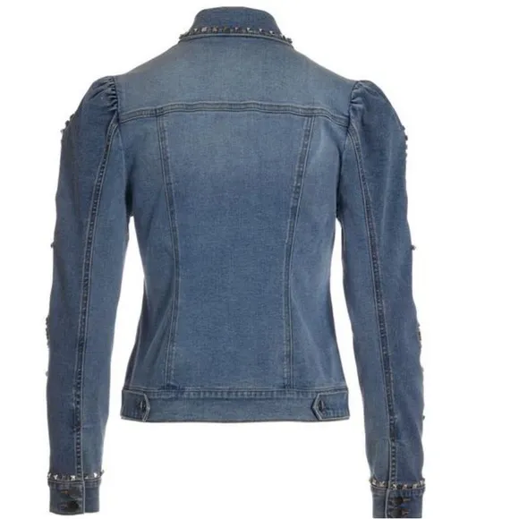 Boston Proper Paisley Embroidered &amp;Embellished Puff Sleeve Denim Jacket XXS
