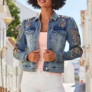 Boston Proper Paisley Embroidered &amp;Embellished Puff Sleeve Denim Jacket XXS
