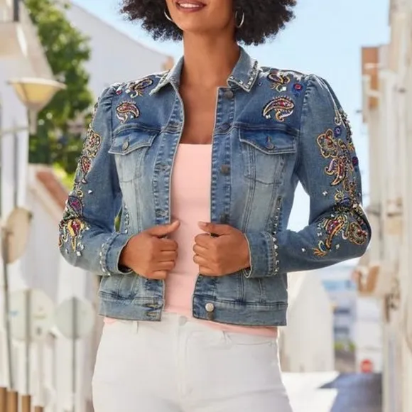 Boston Proper Paisley Embroidered &amp;Embellished Puff Sleeve Denim Jacket XXS
