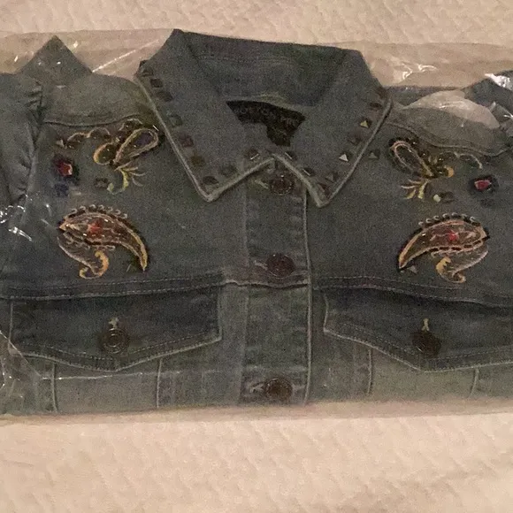 Boston Proper Paisley Embroidered &amp;Embellished Puff Sleeve Denim Jacket XXS