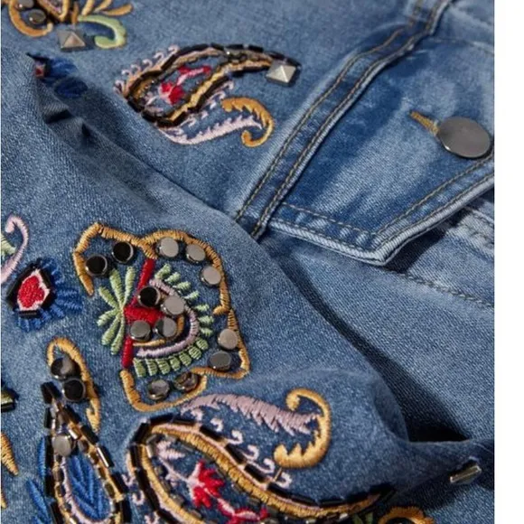 Boston Proper Paisley Embroidered &amp;Embellished Puff Sleeve Denim Jacket XXS