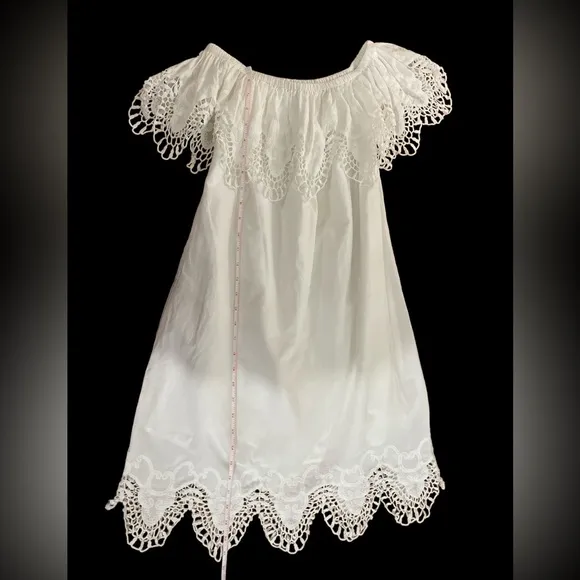 Boutique white eyelet lace scalloped off shoulder dress S flowy heirloom
