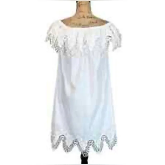 Boutique white eyelet lace scalloped off shoulder dress S flowy heirloom