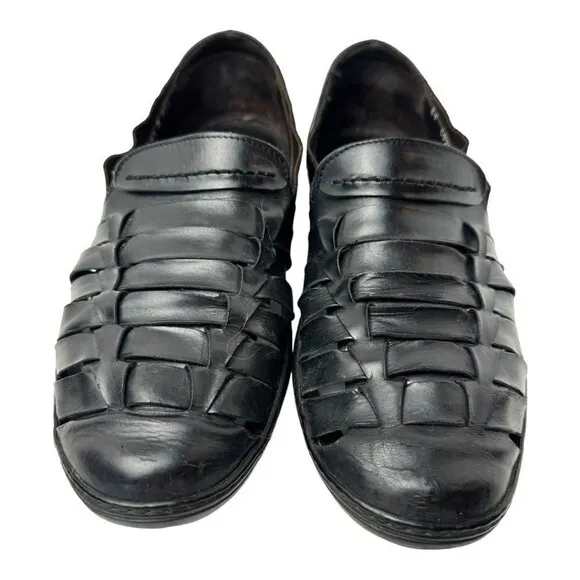 Bragano Mens 9.5 Loafers Black Italian Leather Weave Slip On Shoes