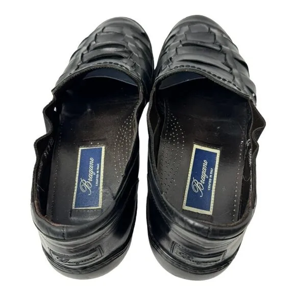 Bragano Mens 9.5 Loafers Black Italian Leather Weave Slip On Shoes