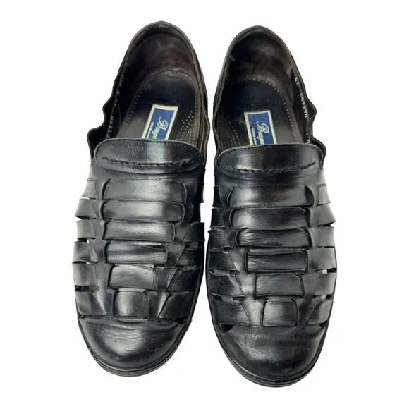 Bragano Mens 9.5 Loafers Black Italian Leather Weave Slip On Shoes