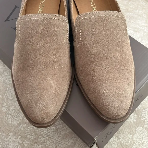 Brand New Crown Vintage Genuine Suede Slip On Round Toe Block Heeled Loafers
