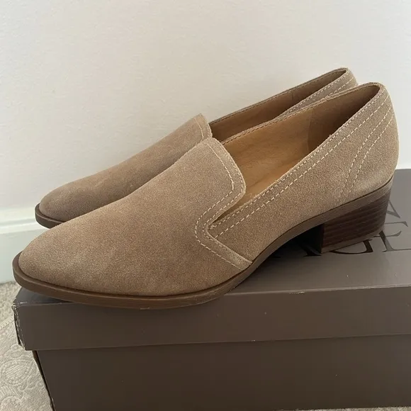 Brand New Crown Vintage Genuine Suede Slip On Round Toe Block Heeled Loafers