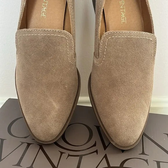 Brand New Crown Vintage Genuine Suede Slip On Round Toe Block Heeled Loafers