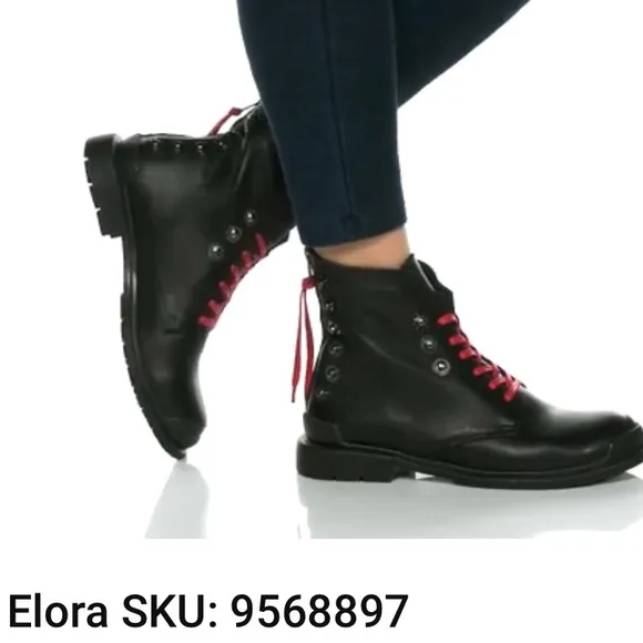 Bueno Elora Black Leather Studded Red Lace Moto Combat Boots Women Size 40