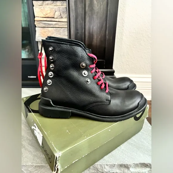 Bueno Elora Black Leather Studded Red Lace Moto Combat Boots Women Size 40