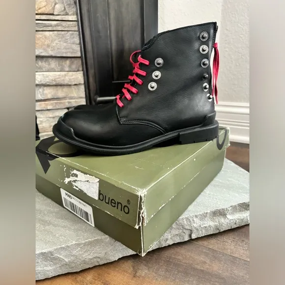 Bueno Elora Black Leather Studded Red Lace Moto Combat Boots Women Size 40