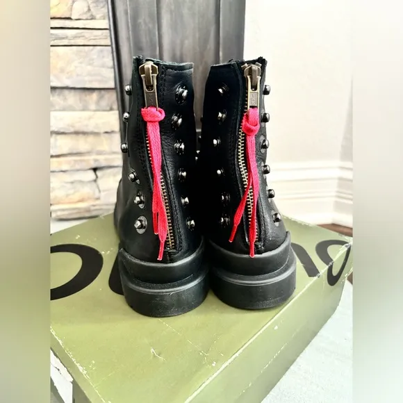 Bueno Elora Black Leather Studded Red Lace Moto Combat Boots Women Size 40