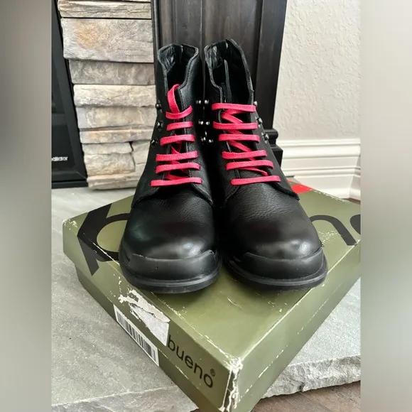 Bueno Elora Black Leather Studded Red Lace Moto Combat Boots Women Size 40