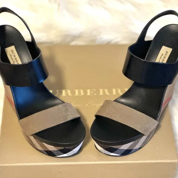Burberry House Check Platform Sandals 130 in Dark Heather Mélange, US size 9